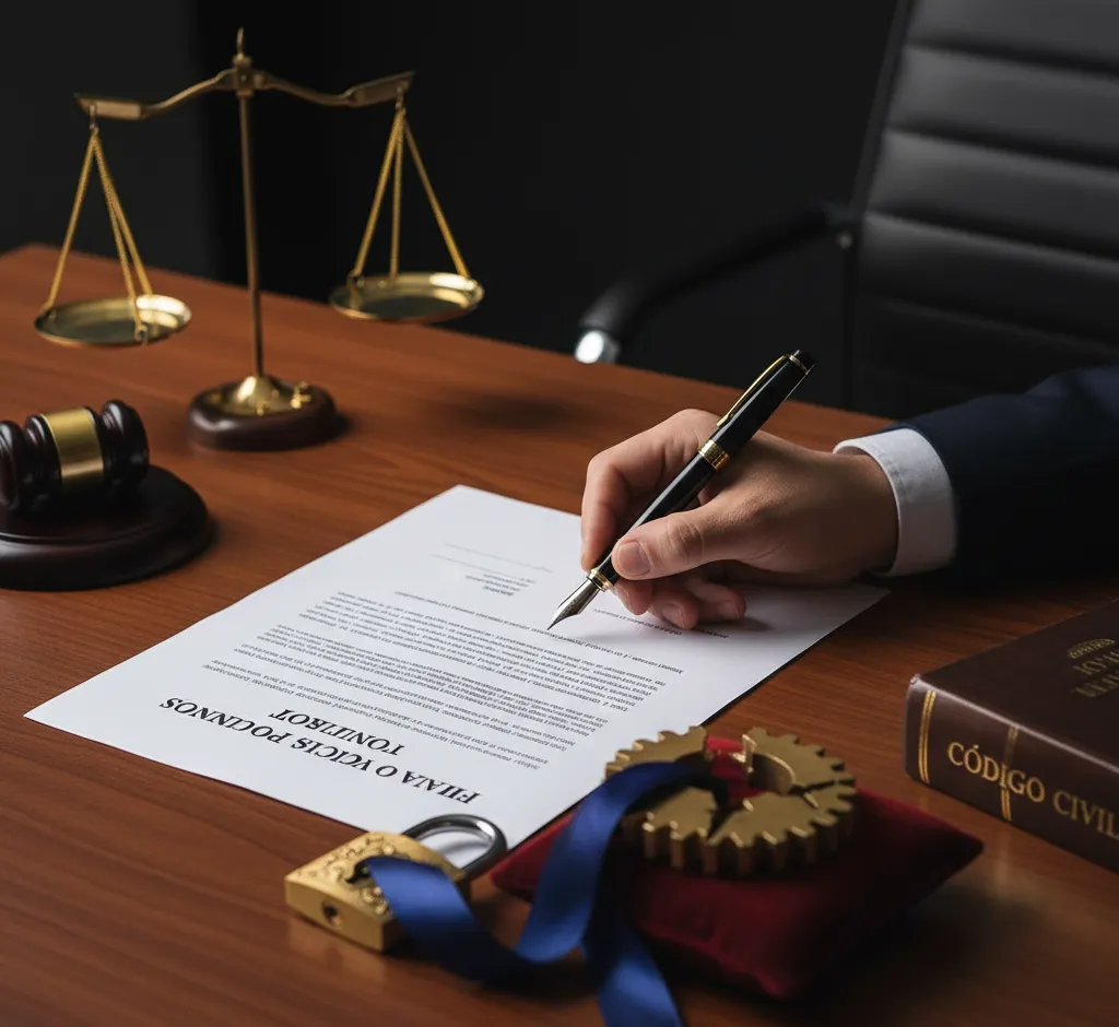 Empresario firma documento importante para asegurar su fianza de vicios ocultos.