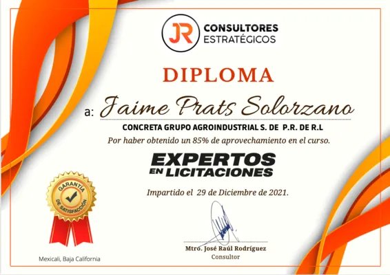Diploma obtenido tras completar la capacitación especializada del curso ComprasMX con excelentes resultados. Diploma oficial entregado al finalizar correctamente el curso ComprasMX para acreditar conocimientos indispensables del proceso.