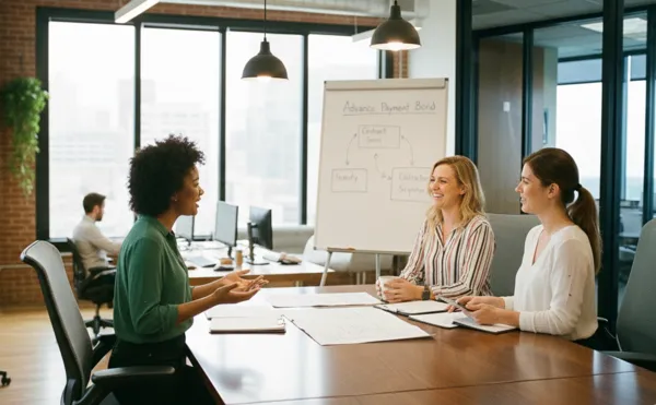 Ejecutivas dialogan estrategias efectivas dentro de la sala de juntas sobre importantes fianzas de anticipo Tres mujeres dialogando en sala de juntas sobre estrategias administrativas y decisiones clave para garantizar procesos eficientes de fianzas de anticipo.